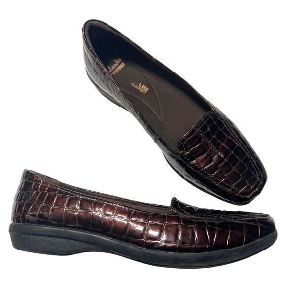 Clarks Metallic Brown Crocodile Print Loafers Size 9 Leather - Picture 3 of 10